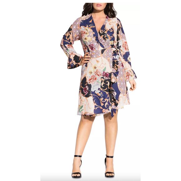 City Chic Plus Grandiose Pattern Block V-Neck Wrap Dress Blue Plus Size M 18 - Picture 1 of 12